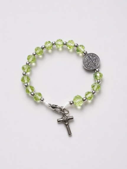 Pulseira Católica São Bento Verde Cristal com Cruz em Aço