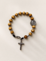 Pulseira Dezena São Bento Madeira e Aço Inoxidável - Feito a mão